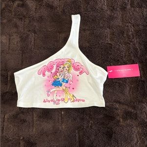 White One-Shoulder Crop Top with Pink Graphic